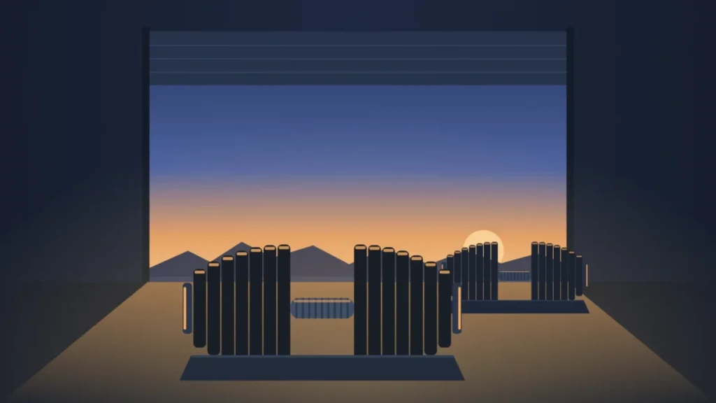 Flat illustration of a pair of adjustable dumbbells resting in their cradles inside an open garage at dusk, a guide to the best adjustable dumbbells