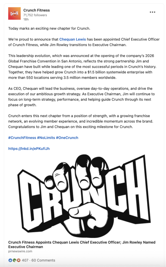 Crunch Fitness Elevates Chequan Lewis to CEO as Jim Rowley Moves to Executive Chairman 12 image 1