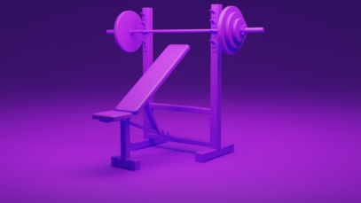 Purple single gym bench press set with barbell and weights in a studio background.