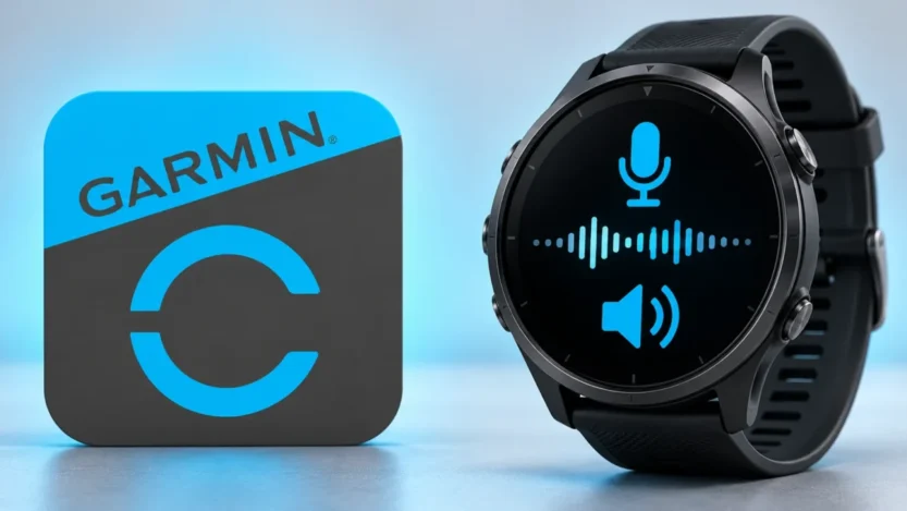 Garmin Connect IQ 9.3 audio: a Garmin watch showing microphone, waveform and speaker icons next to the Garmin Connect app icon